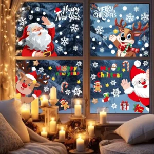 Christmas Static Window Clings, Reusable No-Glue PVC Glass Decals, Santa Claus Reindeer Snowman Snowflake