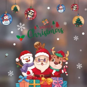 Christmas Static Window Clings, Reusable No-Glue PVC Glass Decals, Xmas Tree Reindeer Holiday Slogan