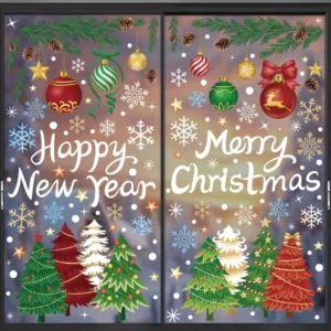 Christmas Static Window Clings, Reusable No-Glue Removable Glass Decals, Santa Snowflake Xmas Tree