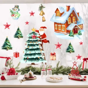 Christmas Static Window Clings Santa Claus Christmas Tree Snowman Static Stickers Removable Glass Decal Window Decorations