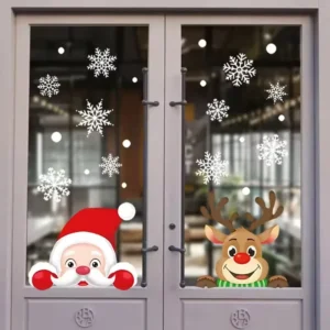 Christmas Static Window Clings Santa Claus Reindeer Snowman Pattern Reusable Static Stickers Xmas Glass Decals for Store Decor