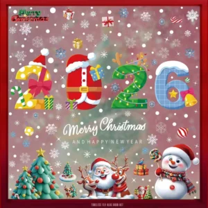 Christmas Static Window Stickers Cartoon Santa Snowman Snowflake Clings Removable Glass Decals Xmas Window Decorations