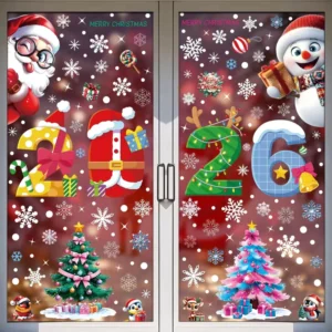 Christmas Static Window Stickers Cute Cartoon Santa Digital Xmas Static Clings Reusable Removable Glass Decals