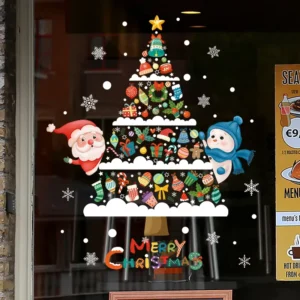 Christmas Static Window Stickers Xmas Tree Snowflake Santa Snowman Wall Clings for Shop Front Door Glass Decor