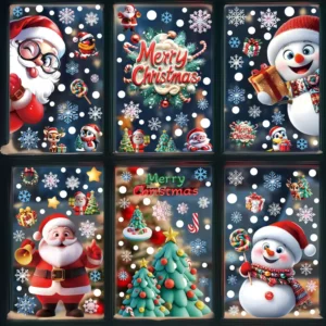 Christmas Stickers 3D Snowflake Snowman Window Decals Santa Claus Tree Gift PVC Static Glass Stickers