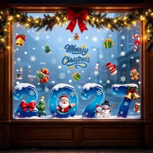 Christmas Stickers Whimsical Snowman PVC Static Cling Wall Decals with Cartoon Santa Claus and Mall Window Scene Decor