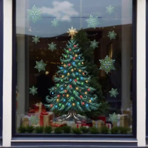 Christmas Tree Window Stickers Colorful Xmas Lights Snowflake Static Clings Reusable PVC UV Resistant Waterproof Glass Decals