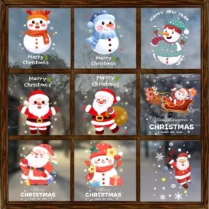 Christmas Window Clings Santa Snowman Static Stickers Holiday Glass Decals for Home Shop Window Decor