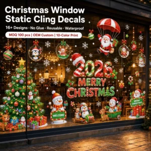 Christmas Window Static Cling Decal Stickers 16 Designs No Glue Reusable Waterproof OEM Custom MOQ 100