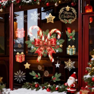 Christmas Window Stickers, Candy Cane, Bow, Snowflake and Star, Reusable PVC Removable Glass Door Decals, Holiday Decor