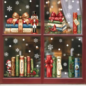 Christmas Window Stickers Retro Books Nutcracker Soldier Red Cardinal Snowflake Static Cling Window Decorations