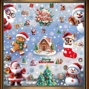 Christmas Window Stickers, Self-Adhesive Double-Sided Reusable PVC Decals for Glass Windows