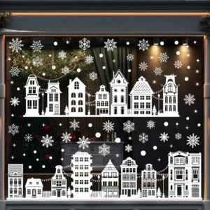 Christmas Window Stickers White Winter City Silhouette for Glass Door and Window Display Decorations