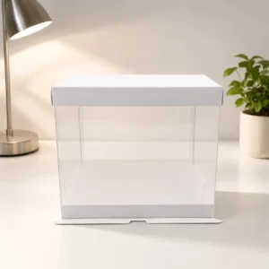 Clear Foldable PET Cake Box 8 Inch Square Low Profile Food Safe Packaging with White Base for Bread and Cake