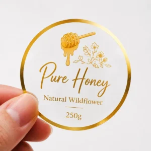 Clear Round Food Labels with Gold Foil, Waterproof Adhesive Roll Stickers for Honey and Jam Jars
