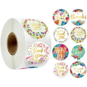 Color Flowers Sticker Roll Round Eco-Friendly Gold Foil Thank You Sticker for Bouquet Gift Packaging