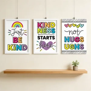 Colorful Boho Kindness Posters and Positive Affirmation Wall Art for Classroom and Kids Room, 3-Piece Set