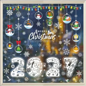 Colorful Christmas Ornament Window Stickers New Year Decals Christmas Glass Static Stickers Snow House Snowflake Decals