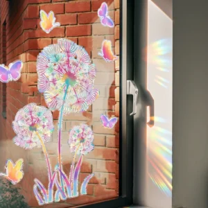 Colorful Dandelion & Butterfly Static Window Clings Sunlight Refracting Glass Stickers Glue Free Decorative Window Decals