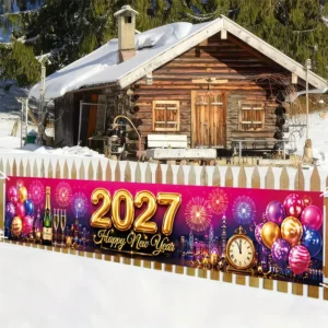 Colorful New Year Fireworks Printed Wide Banner for Indoor Countdown Party Decor