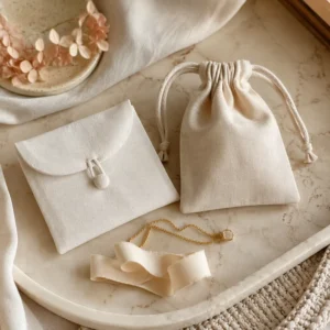 Cotton Linen Jewelry Pouch, Envelope Button Bag, Wedding Favor Packaging