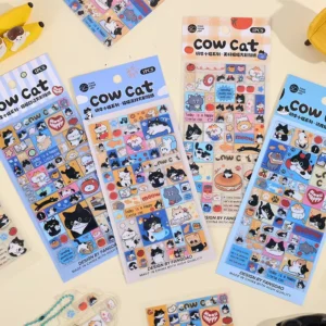Cow Cat Series Square Stickers Cute Cartoon Designs Pre Cut for Instant Peel & Use Adhesive Decals for Journal & Phone