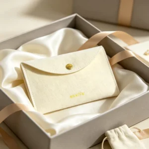 Cream Ivory Beige Suede Envelope Button Jewelry Pouch with Gold Logo