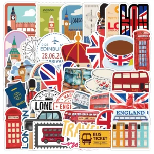 Creative PVC Vinyl Cup Decorative Stickers 50pcs London Style Graffiti Waterproof Cross-Border for Home Decoration