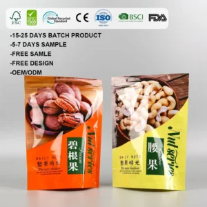 Custom 100g Stand-Up Pouch Resealable Zipper Plastic Foil Mylar Packaging Bag for Food Snacks Nuts Dried Fruit and Pet Food