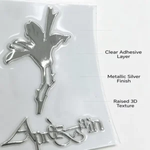Custom 3D Chrome Soft PVC Raised Metallic Embossed Logo Self-Adhesive Label Transfer Decal for Cosmetic Packaging