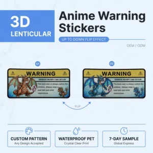 Custom 3D Lenticular Anime Warning Car Sticker Bulk Flip Effect Vehicle Decal OEM Service