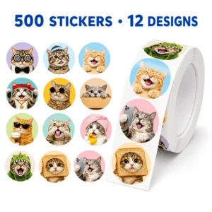 Custom 500pcs/Roll Cartoon Cat Waterproof Stickers for Bottles, Bags, Envelopes, and Packaging Seals