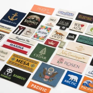 Custom 50D 75D Cotton Damask Printed Woven Fabric Neck Main Tag End Fold Clothing Label