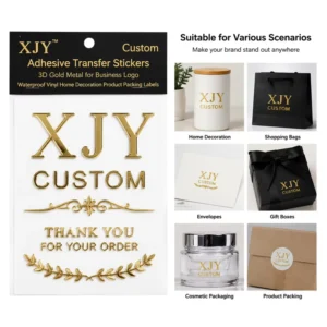 Custom Adhesive Transfer Stickers 3D Gold Metal for Business Logo Waterproof Vinyl Home Decoration and Product Packing Labels