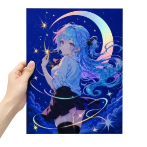 Custom Anime Holographic Foil Art Print, Semi-Varnished, Home or Studio Display