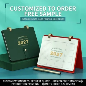 Custom Art Paper Daily Calendar Stand, Corporate Office, Gift Box, Pen Slot, Hot Stamping