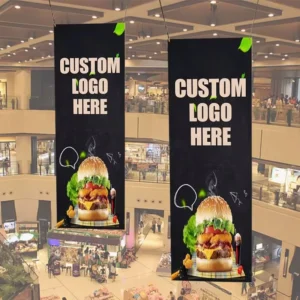 Custom Background Logo Digital Printed Polyester Portable Foldable Ceiling Hanging Banner for Trade Exhibition