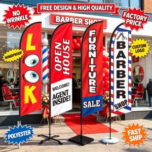 Custom Barber Shop Feather Flag Beach Flag Teardrop Rectangular Banner Flagpole Kit Outdoor Advertising Logo Flags
