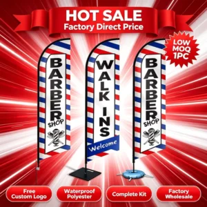 Custom Barber Shop Feather Flag Red White Blue Stripes Swooper Banner with Pole Base Kit
