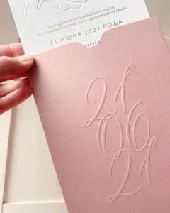 Custom Beige Eco-Friendly Cotton Pocket Envelope with Convex Embossing, Pink Paper Sleeve for Wedding Invitations