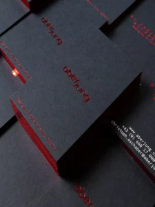 Custom Black Art Paper Business Cards with Gold Foil Edge, Debossed Logo & Hot Stamping