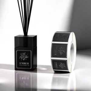 Custom Black Background Silver Foil Vinyl Fragrance Logo Stickers for Reed Diffuser Bottles