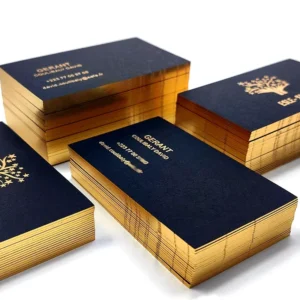 Custom Black Business Card with Gold Foil Edge, Debossed Logo, and Art Paper