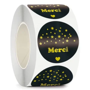Custom Black Gold Foil Merci Stickers, 500pcs Roll, Star Heart Design, Adhesive Thank You Stickers for Business Gifts