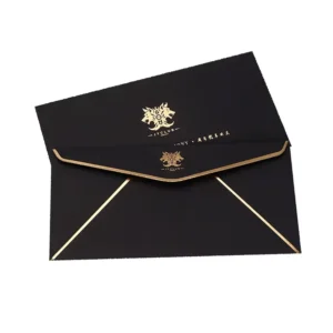 Custom Black Recycled Cardboard Envelope with Gold Foil Logo for Hotel Key Cards