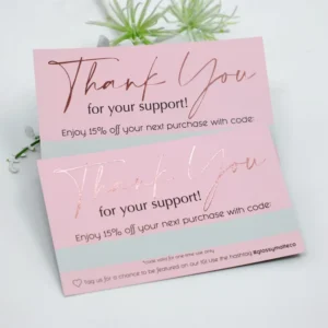 Custom Business Card with Embossed Rose Gold Foil, Logo, Postcard Design, and Thank You Card for Small Business