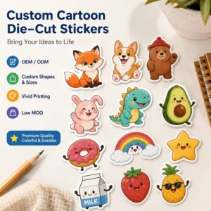 Custom Cartoon Die Cut Stickers Waterproof Vinyl Kawaii Animal Decals for Kids Gifts Laptop Scrapbook Back Cards OPP Bag OEM ODM