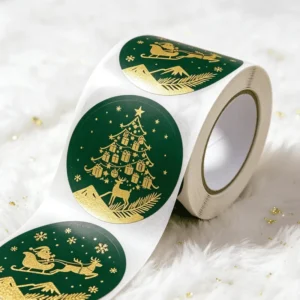 Custom Christmas Sealing Stickers, Hot-Stamped Waterproof Gold Foil Round Adhesive Labels