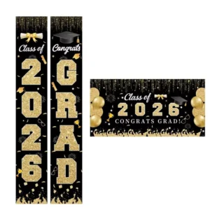 Custom Class Graduation Banner Set, Black Gold Glitter, 100D Polyester, Digital Printing, Holiday Decor