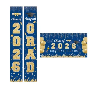 Custom Class Graduation Banner Set, Modern Blue Gold Glitter, Tearproof Polyester, Digital Printing, Outdoor